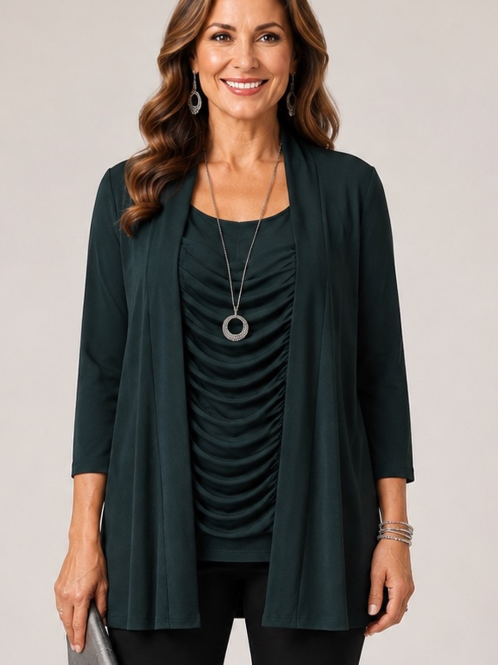 Stephanie- 2pc set - Elegant Dark Green Open-Front Cardigan with Ruched Top -